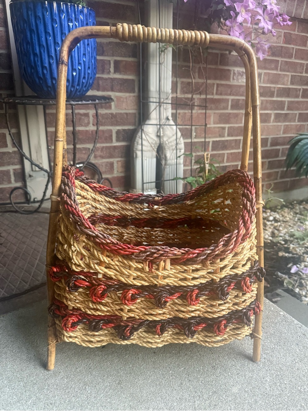 Large Vintage Wicker and Bamboo Storage Basket With Rope Accents.